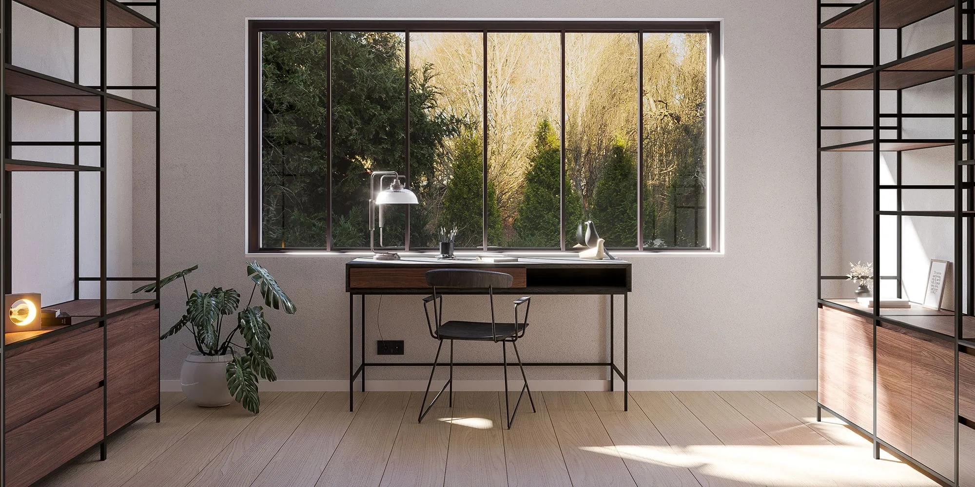 Bureau en chêne, noyer et métal